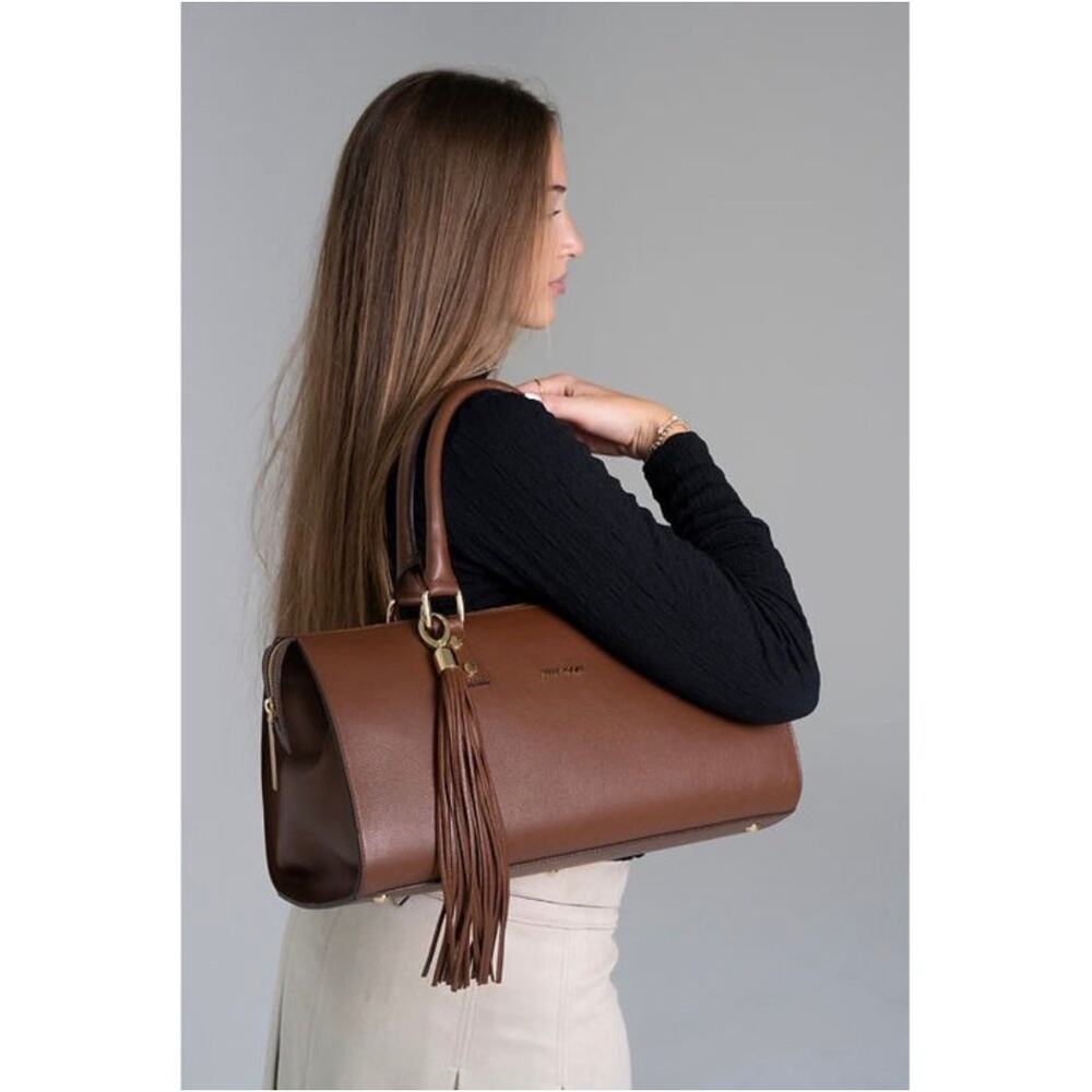 Kelly Tooke SoHo Leather Barrel Tassel Satchel Bag Brown